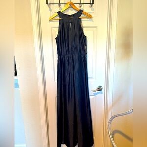 New York & Co Dress Women M Navy Sleeveless Pocket Cotton Sateen Long Maxi NWT